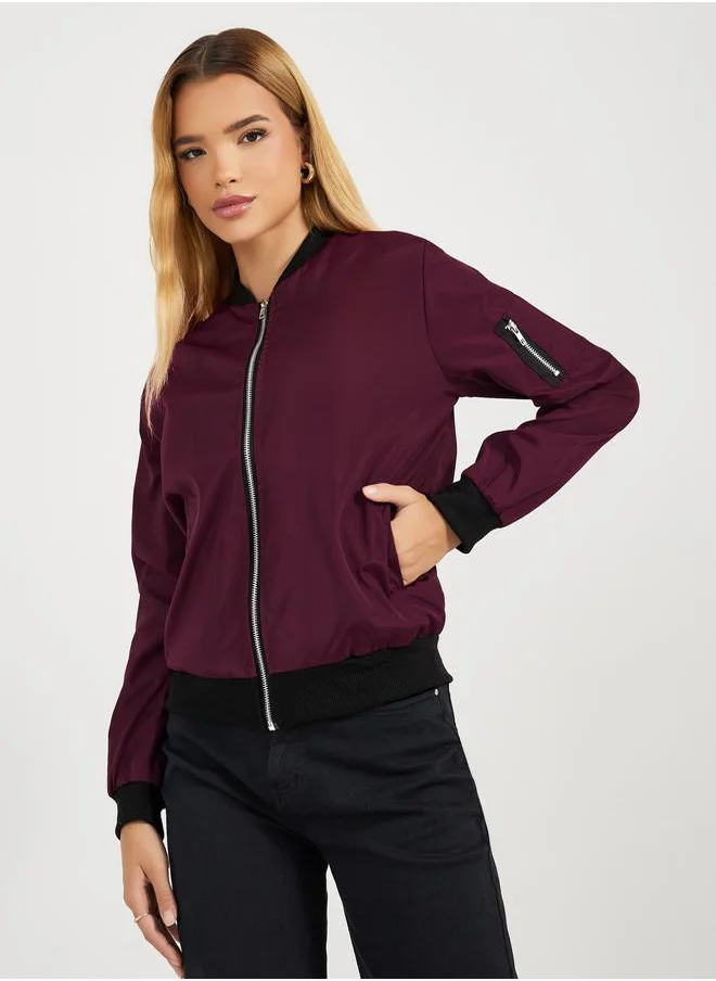 Styli Regular Fit Regular Length Zip Up Bomber Jacket