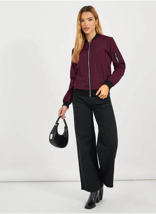 Styli Regular Fit Regular Length Zip Up Bomber Jacket