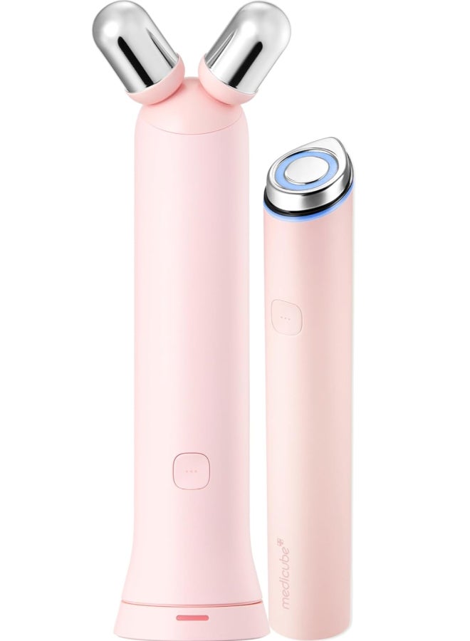 Medicube Mini Booster Pro Plus Face Roller Device Set | 2-in-1 Massage & Skincare Device | Jawline Care & Depuffing | Face & Body Massager with 3 Vibration Modes | Korean Facial Device, Pink - Image 1
