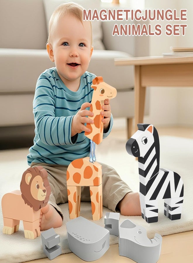 Joyreal Magnetic Jungle Animals Toy Play Set, 16 Pcs Wooden Building Blocks Play Set Toy for 1 Year Old, Fine Motor Montessori Game Preschool Educational Gift for Ages 1-5 - Image 4