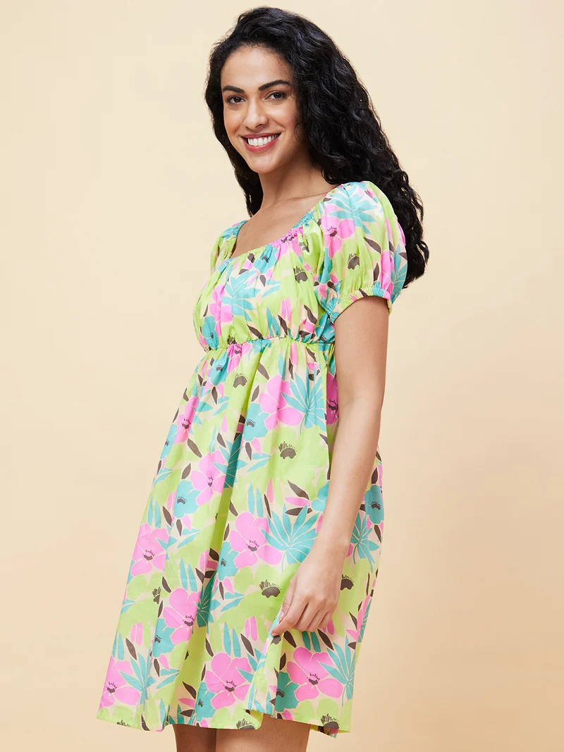 globus Women Green Floral Printed Square Neck Gathered Cotton Fit And Flare Dress