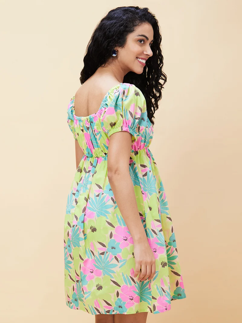 globus Women Green Floral Printed Square Neck Gathered Cotton Fit And Flare Dress
