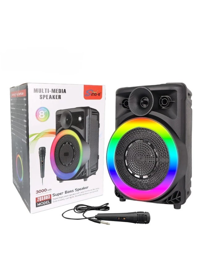 singe ZQS803 Wireless Bluetooth Karaoke Speaker with Built-In Microphone – Portable PA System with RGB LED Party Lights, USB/TF/AUX Music Playback & Rechargeable Battery – High-Power Sound with Deep Bass – Ideal for Home, Outdoor Events, Parties & Gatherings - Image 5