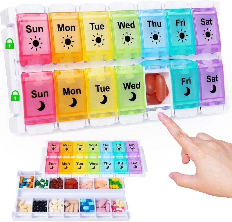 HRX Package Medicine Pill Boxes 7 Day AM/PM, Easy Fill & Open Medication Organizer Vitamin Reminder Holder Day and Night