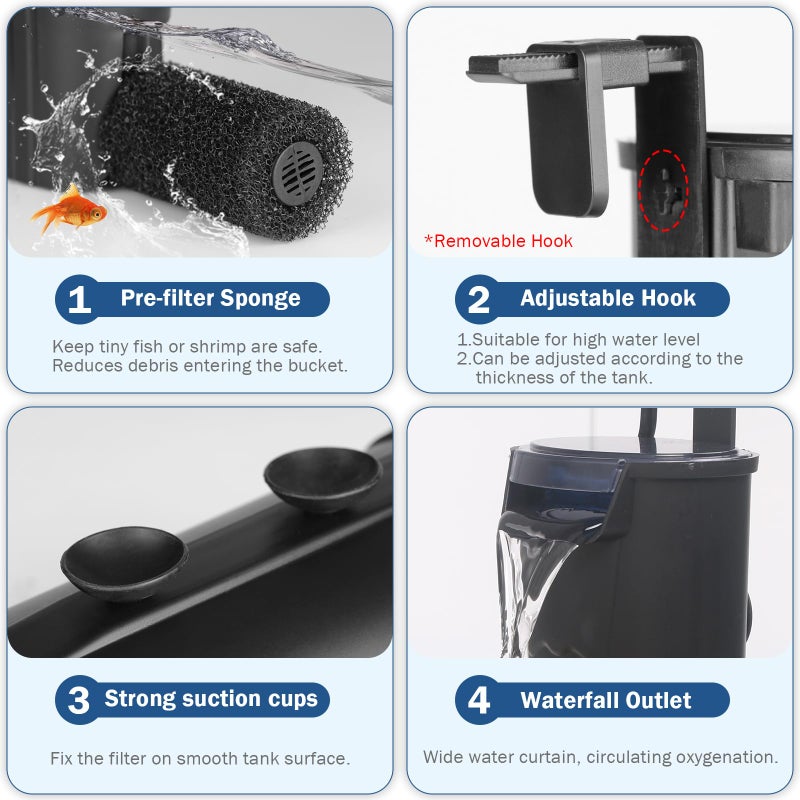 TARARIUM Turtle Tank Filter Aquarium Internal Filter for 3 to 20 Gallon Fish Tank, Bio-filtration Low Water Level Small Power Canister Filter, Frog Shrimp Newt Betta Water Clean, Hang On Back Waterfall Quiet - Image 2