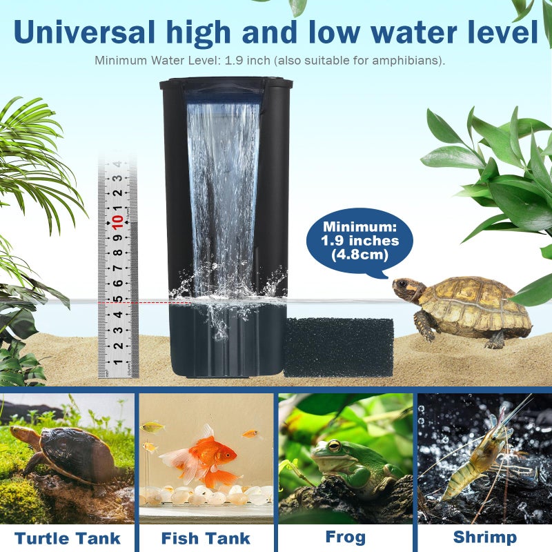 TARARIUM Turtle Tank Filter Aquarium Internal Filter for 3 to 20 Gallon Fish Tank, Bio-filtration Low Water Level Small Power Canister Filter, Frog Shrimp Newt Betta Water Clean, Hang On Back Waterfall Quiet - Image 5