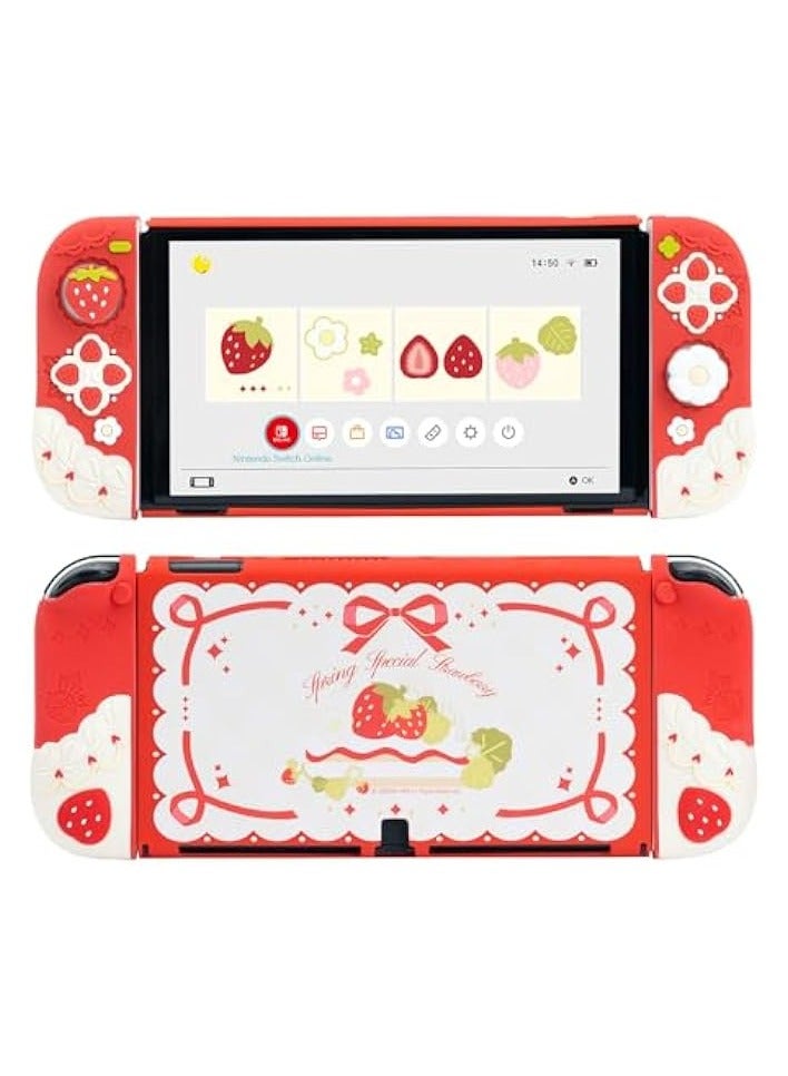 PROMASS Protective Case for Switch OLED Slim Cover Case Compatible with Nintendo Switch OLED Separable Soft Silicone Protective Shell for Joy Con with 2 Thumb Grip Caps - Spring Special Strawberry - Image 1