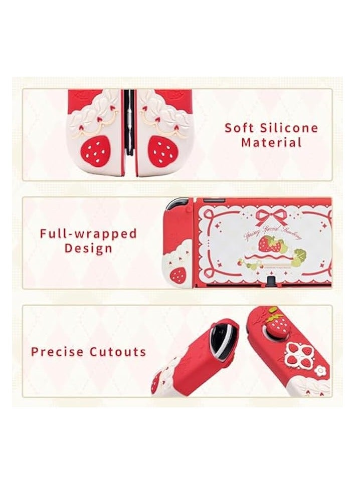 PROMASS Protective Case for Switch OLED Slim Cover Case Compatible with Nintendo Switch OLED Separable Soft Silicone Protective Shell for Joy Con with 2 Thumb Grip Caps - Spring Special Strawberry - Image 3