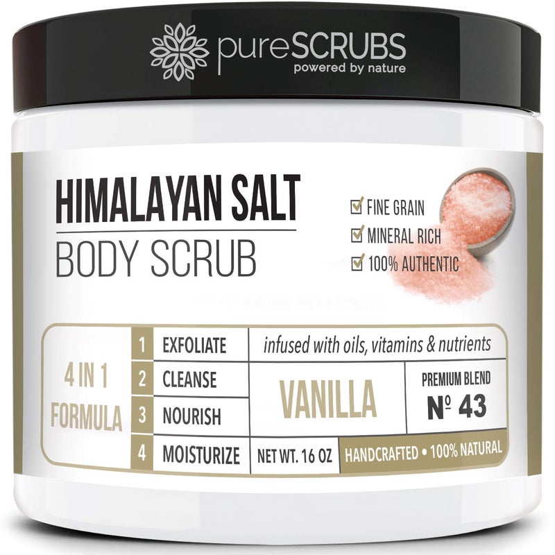 pureSCRUBS pureSCRUBS Premium Pink Himalayan Salt Body Scrub Set  Large 16oz VANILLA SCRUB Organic Essential Oils  Nutrients INCLUDES Wooden Stirring Spoon Loofah  Mini Exfoliating Bar Soap 