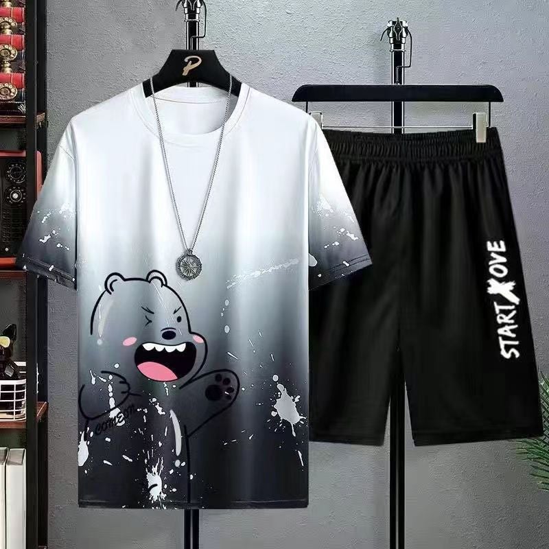 New Gradient Quick-Dry Mens T-Shirt Shorts Set Splash-ink bear suit ov pants