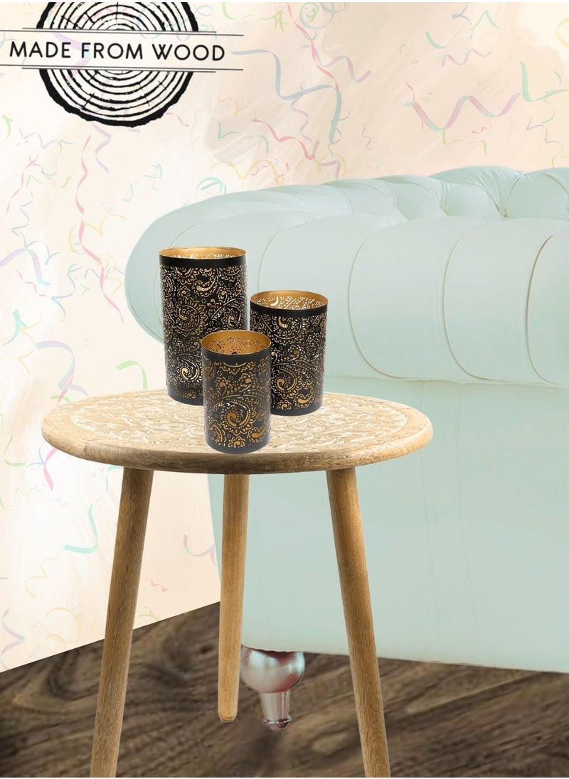 Souq DESIGNS Wooden Round Table Solid Wood Coffee Table with 3 Legs, Hand-Carved Accent Side Table for Living Room, Bedroom,Nightstand Home Décor, Small Round Black Coffee Table 50 cm Diax50 cm H  - Image 3
