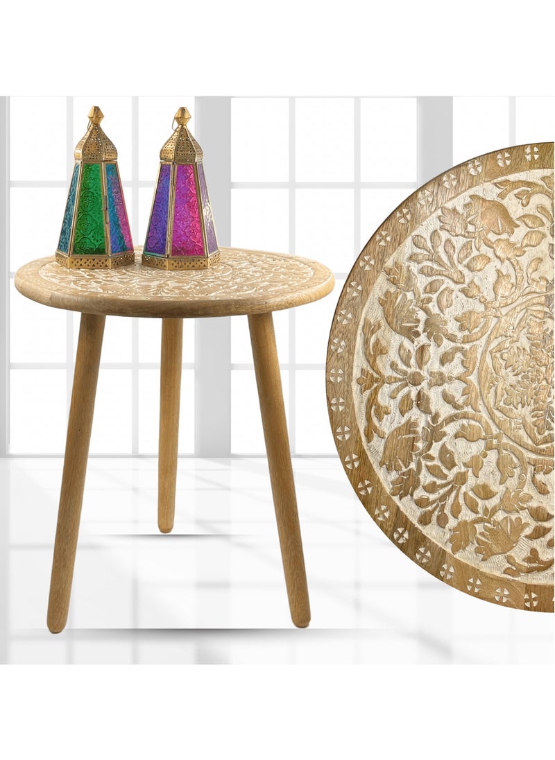 Souq DESIGNS Wooden Round Table Solid Wood Coffee Table with 3 Legs, Hand-Carved Accent Side Table for Living Room, Bedroom,Nightstand Home Décor, Small Round Black Coffee Table 50 cm Diax50 cm H  - Image 1