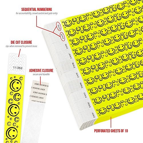 Wristco 500 WristCo Yellow Smiley Face Tyvek Wristbands for Events - ¾” x 10” - Waterproof Recyclable Comfortable Tear Resistant Paper Bracelets Wrist Bands for Concerts Festivals Admission Party - Image 2