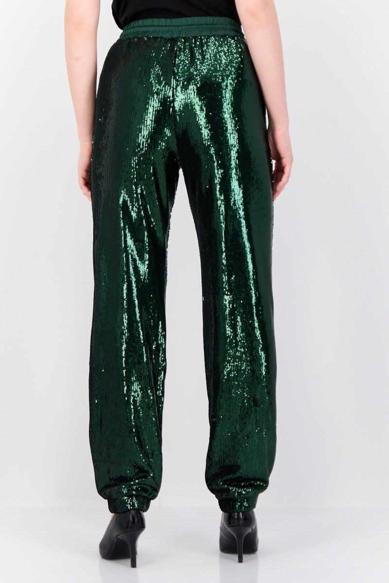 ESPRIT Women Regular Fit Straight Leg Sequined Pants, Green  - Image 3