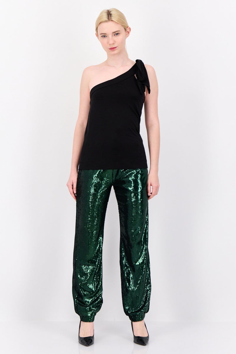 ESPRIT Women Regular Fit Straight Leg Sequined Pants, Green  - Image 4