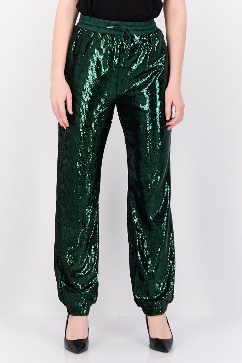 ESPRIT Women Regular Fit Straight Leg Sequined Pants, Green  - Image 1
