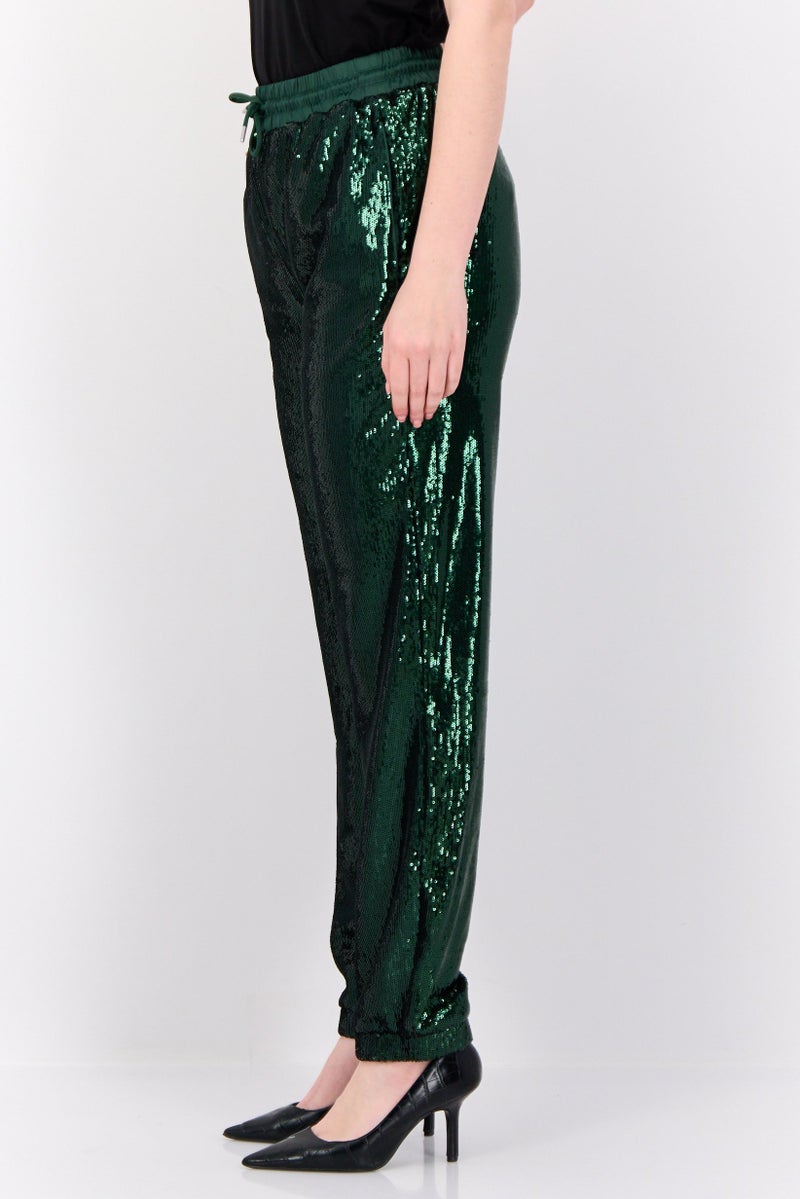 ESPRIT Women Regular Fit Straight Leg Sequined Pants, Green  - Image 2