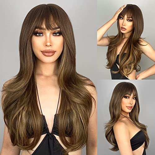 N NAYASA Brown Wigs with Bangs Long Layered Wigs for Women Brown Mixed Blonde Synthetic Wig Heat Resistant Natural Looking Wigs for Daily Party Use - Image 2