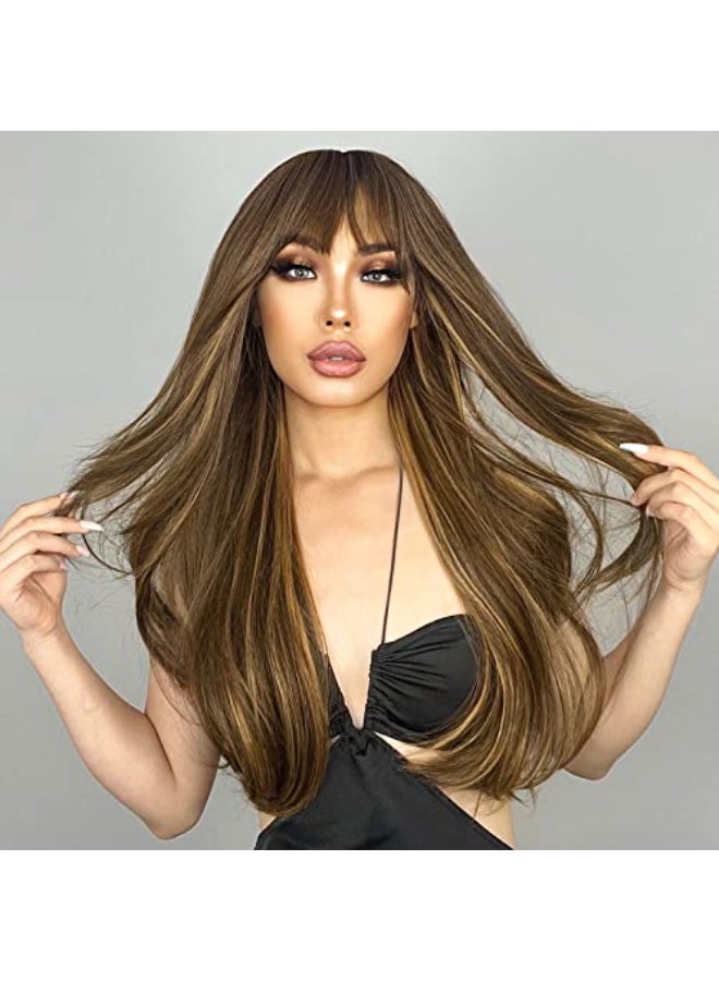 N NAYASA Brown Wigs with Bangs Long Layered Wigs for Women Brown Mixed Blonde Synthetic Wig Heat Resistant Natural Looking Wigs for Daily Party Use - Image 4