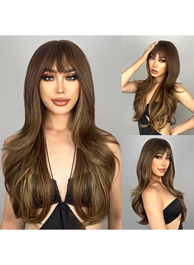 N NAYASA Brown Wigs with Bangs Long Layered Wigs for Women Brown Mixed Blonde Synthetic Wig Heat Resistant Natural Looking Wigs for Daily Party Use - Image 1