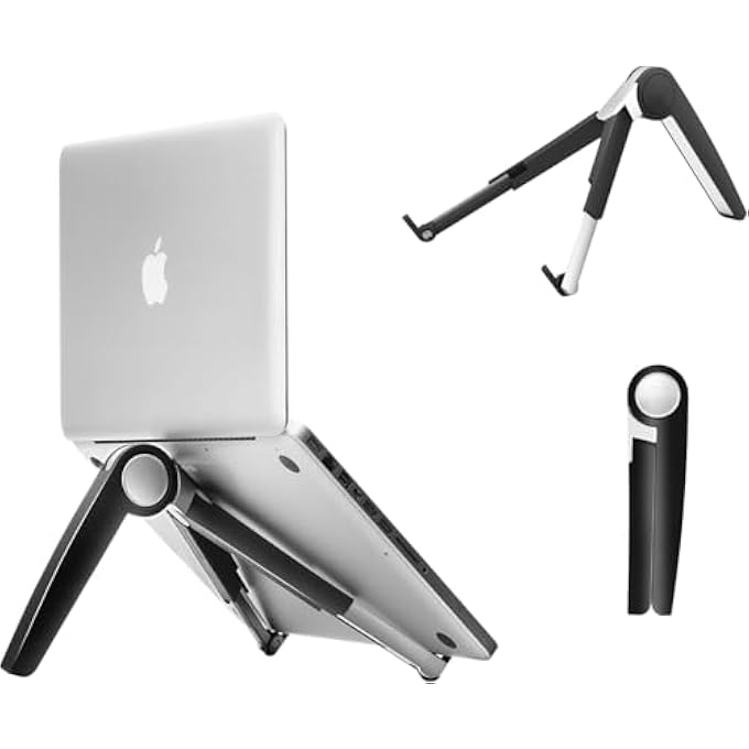 rayihni LAPTOP MACBOOK STAND FOR DESK OFFICE WORKPLACE, ADJUSTABLE FOLDABLE PORTABLE LAPTOP NOTEBOOK HOLDER, DURABLE SLICK COMPACT LIGHTWEIGHT STAND ERGONOMIC WITH NON-SLIP SILICONE PADS (BLACK) - Image 1