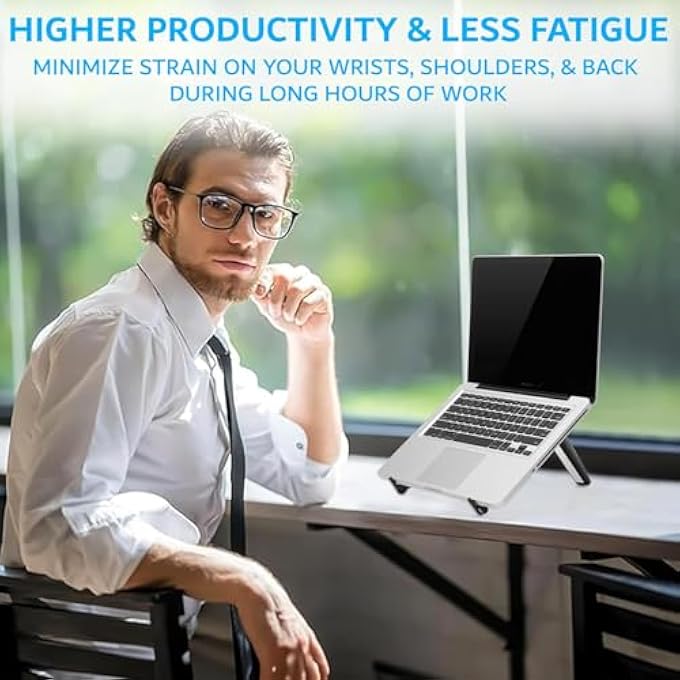 rayihni LAPTOP MACBOOK STAND FOR DESK OFFICE WORKPLACE, ADJUSTABLE FOLDABLE PORTABLE LAPTOP NOTEBOOK HOLDER, DURABLE SLICK COMPACT LIGHTWEIGHT STAND ERGONOMIC WITH NON-SLIP SILICONE PADS (BLACK) - Image 2