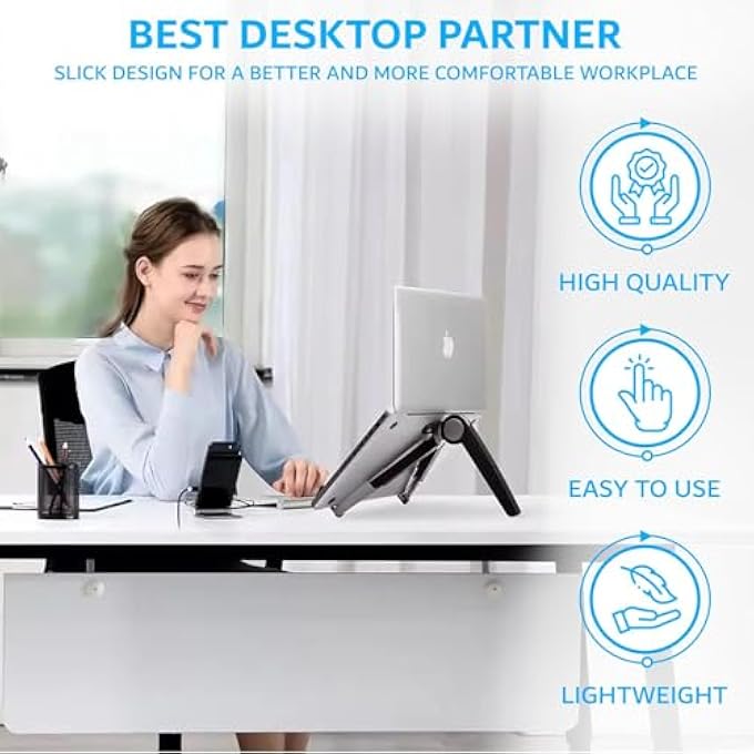 rayihni LAPTOP MACBOOK STAND FOR DESK OFFICE WORKPLACE, ADJUSTABLE FOLDABLE PORTABLE LAPTOP NOTEBOOK HOLDER, DURABLE SLICK COMPACT LIGHTWEIGHT STAND ERGONOMIC WITH NON-SLIP SILICONE PADS (BLACK) - Image 3