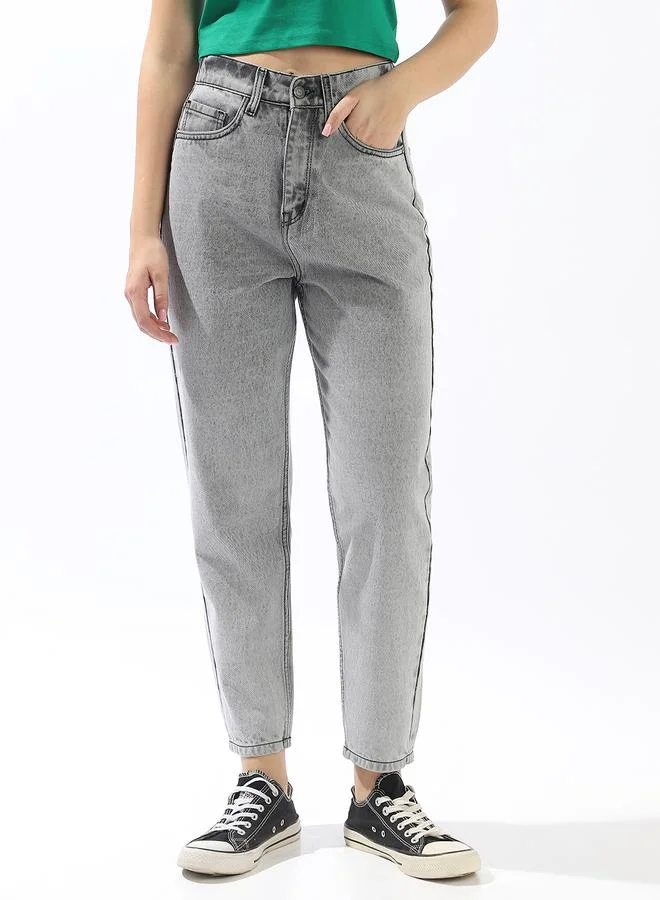 HIGH STAR Women's Grey 100% Cotton Textured Full Mom Fit Jeans