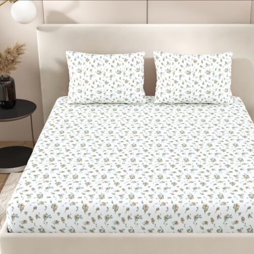 Plumora Double Bed Cotton Bedsheet Queen Size 90x100, 100% Pure Cotton Bed Sheet with 2 Pillow Covers, 240 TC Soft Breathable Floral Design – (Yellow Floral) - Image 2