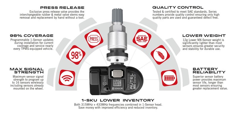 Autel MaxiTPMS MX Sensor 8pcs Pack Metal Stem 315/433MHz TPMS Sensor Universal Tire Sensor Programmed by TPMS Tool TS401 TS408 TS501 TS508 TS601 TS608 MK808TS MX808TS MS906TS ITS600 - Image 2