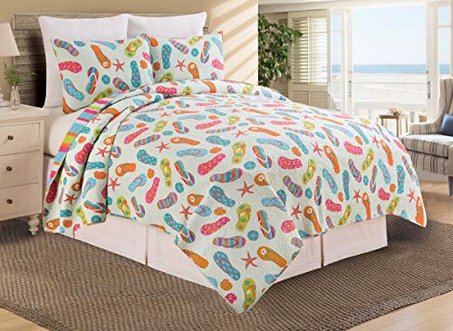 C&F Home Flip Flop Life 2 Piece 100% Cotton Twin Bed Quilt Set Everyday Coastal Tropical Beach House Reversible Machine Wash Bedspread Coverlet Bedding Bedroom Decor Decoration Twin 2 Piece Set Blue - Image 2