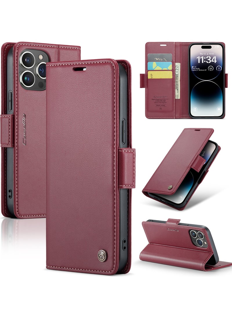 Flip Wallet Case for iPhone 14 Pro, Leather Magnetic Attachment Flip Case Red - Image 1