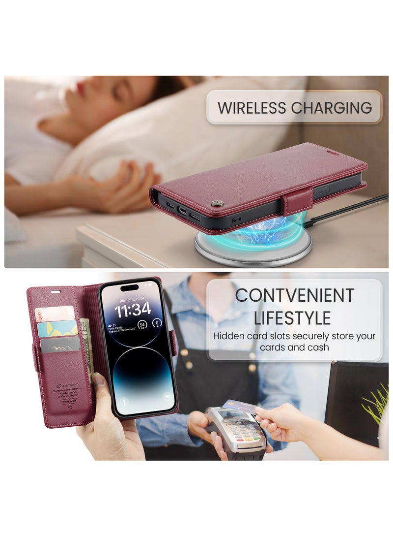 Flip Wallet Case for iPhone 14 Pro, Leather Magnetic Attachment Flip Case Red - Image 5