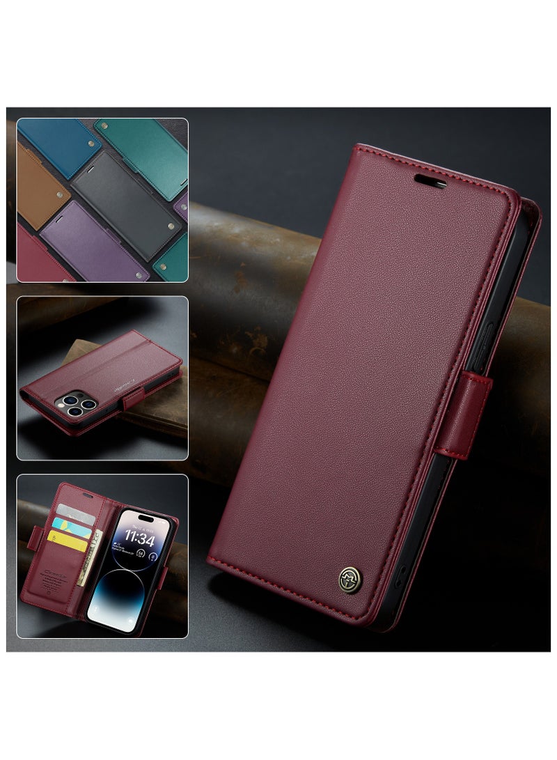 Flip Wallet Case for iPhone 14 Pro, Leather Magnetic Attachment Flip Case Red - Image 4