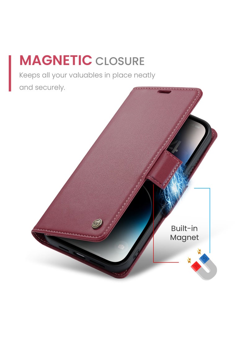 Flip Wallet Case for iPhone 14 Pro, Leather Magnetic Attachment Flip Case Red - Image 3