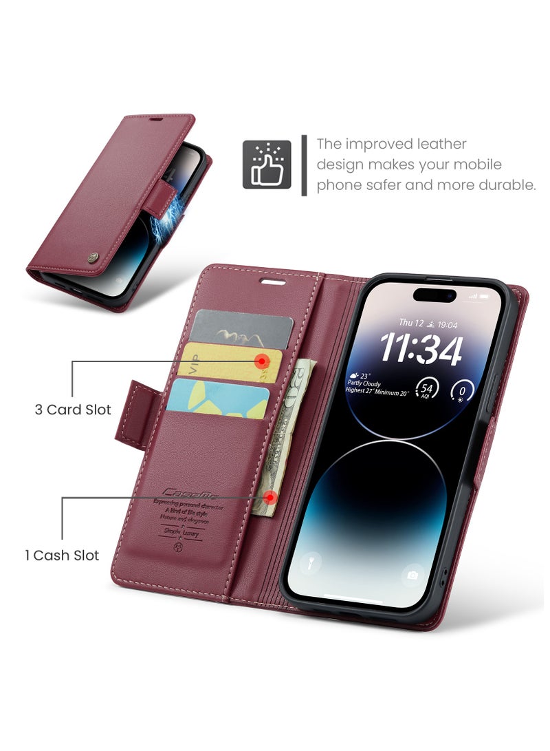 Flip Wallet Case for iPhone 14 Pro, Leather Magnetic Attachment Flip Case Red - Image 2