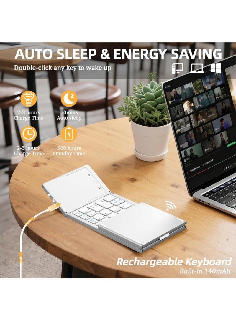 Aookay Arabic & English Foldable Bluetooth Keyboard with Touchpad, Rechargeable Wireless Portable Keyboard, Dual-Mode Bluetooth/USB Wired Pocket-Sized Travel Keyboard for i-O-S, Android, Windows, Mac OS (Moonlight Silver) - Image 2