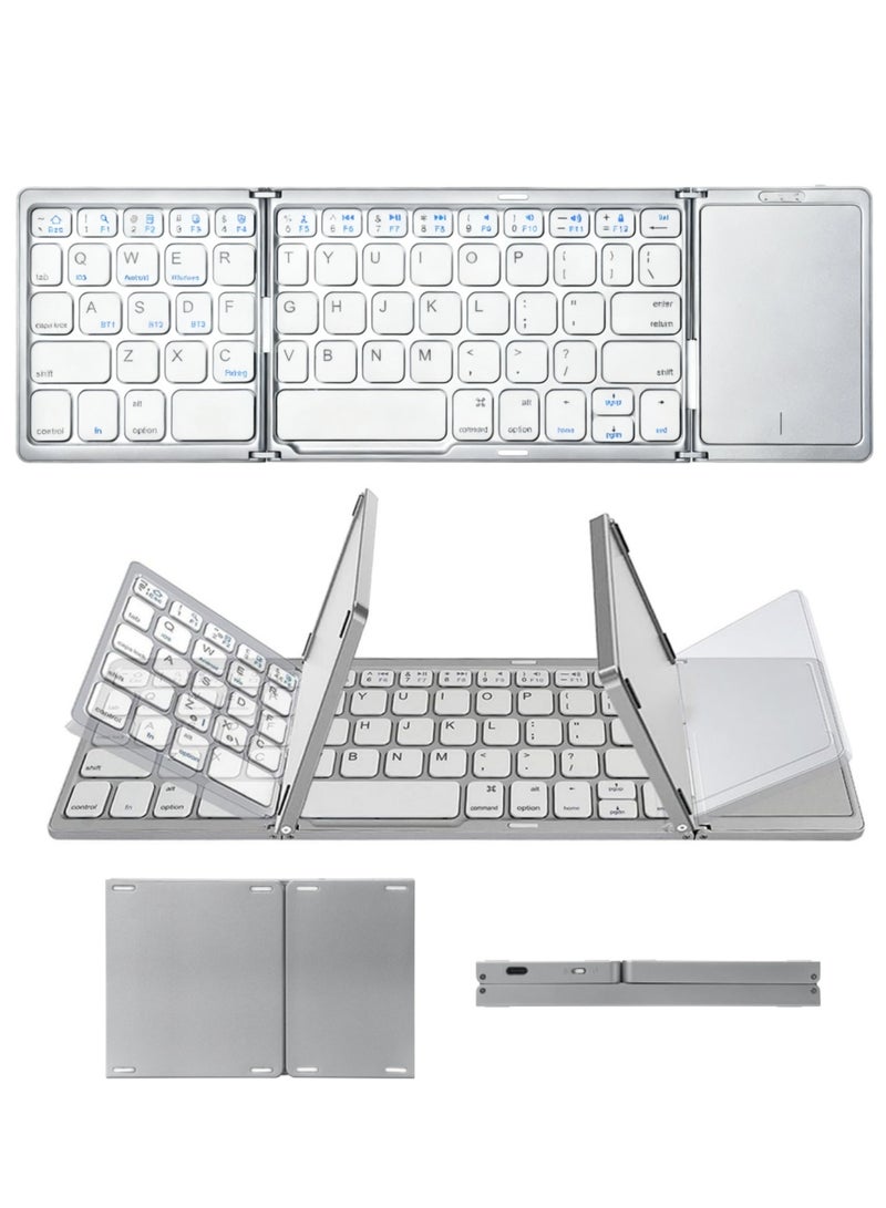 Aookay Arabic & English Foldable Bluetooth Keyboard with Touchpad, Rechargeable Wireless Portable Keyboard, Dual-Mode Bluetooth/USB Wired Pocket-Sized Travel Keyboard for i-O-S, Android, Windows, Mac OS (Moonlight Silver) - Image 1