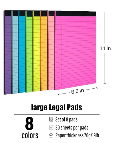 Magecubiku Colored Legal Pads 8.5 x 11 inches 8 Pack,70 GSM/19 LB Rainbow Wide Ruled Writing Pad High Brightness Neon Pads 8 Colors 30 Sheets Per Note pads for School,College,Office,Business-Large - Image 2