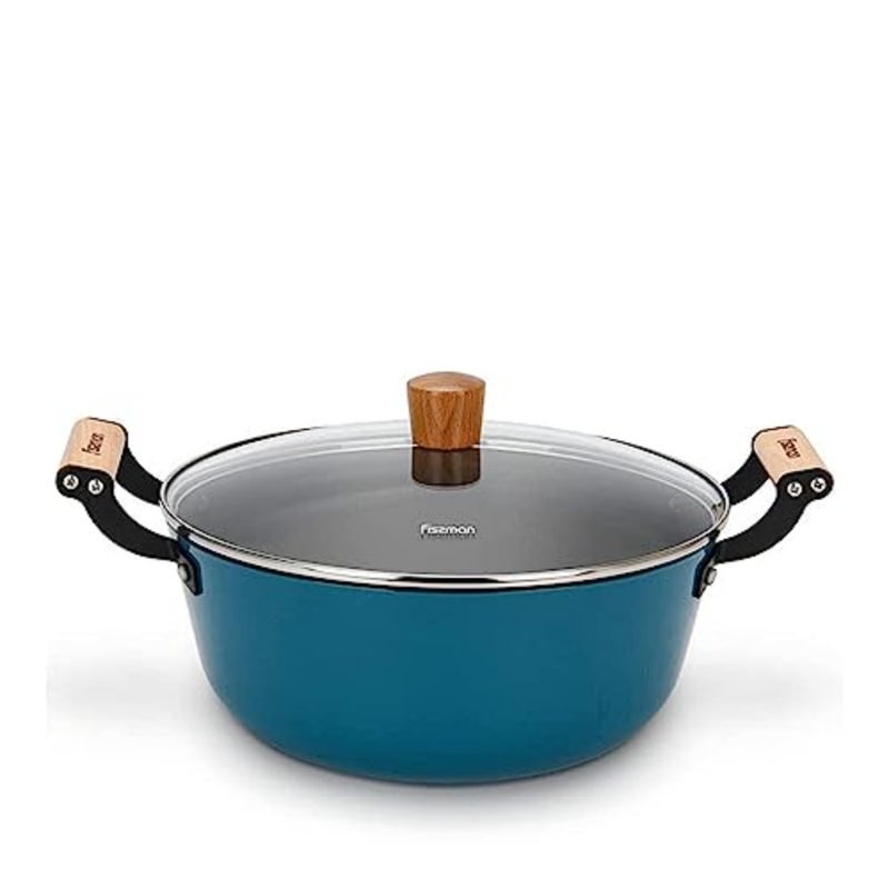 Cooking Pot for Induction Stoves, Enamelled Cast Iron, Seagreen, 28x12cm/6L with Glass Lid, Lightweight Non-Stick Coating - Image 1