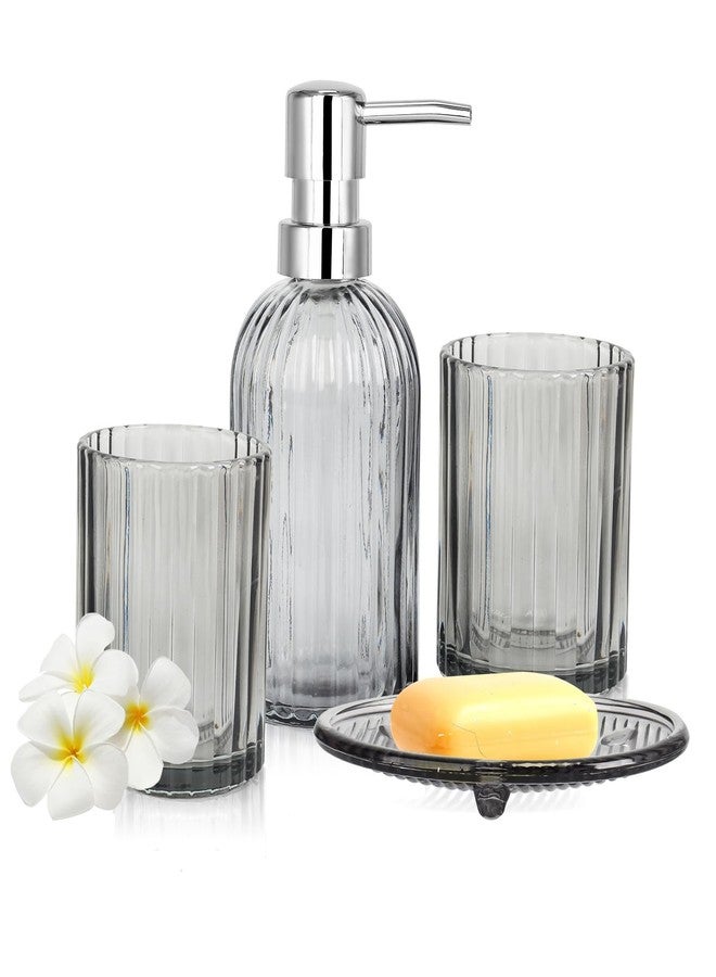 Buumin 4-Piece Glass Bathroom Set - Includes Soap Dispenser, Toothbrush Holder, Soap Dish & Cup |Modern Countertop Organizer | Clear Grey Vanity Accessories for Home & Hotels (Grey) - Image 1