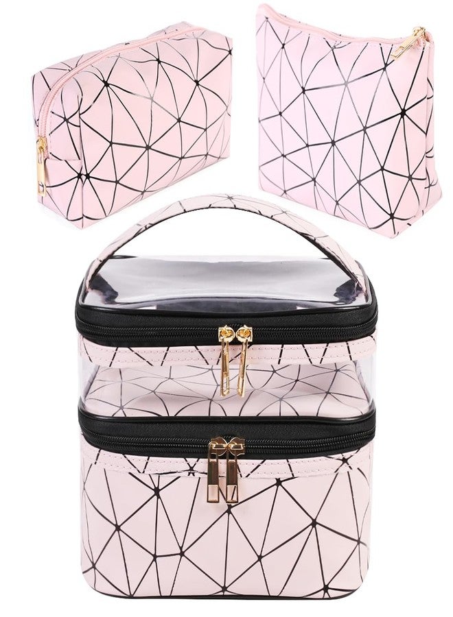 FITINI 3 Pieces Makeup Bags Double Layer Travel Large Cosmetic Cases Organizer Toiletry Bags Waterproof Small Zipper Pouch for Women Makeup Brush Storage Bag,Blush Pink - Image 1
