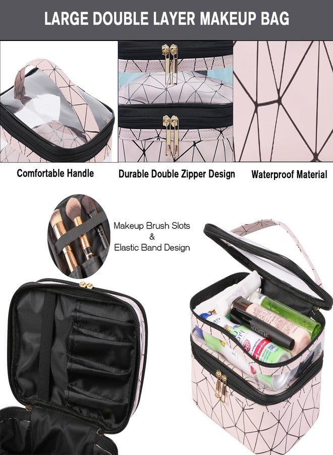 FITINI 3 Pieces Makeup Bags Double Layer Travel Large Cosmetic Cases Organizer Toiletry Bags Waterproof Small Zipper Pouch for Women Makeup Brush Storage Bag,Blush Pink - Image 4
