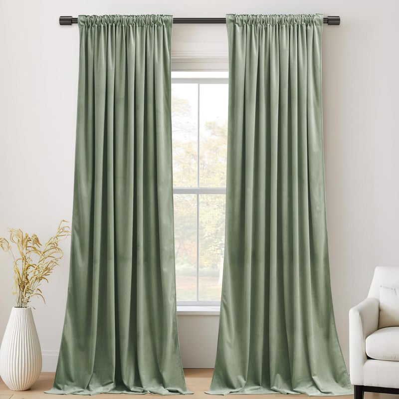 StangH Retro Green Velvet Curtains 84 Inches, Room Darkening Super Soft Drapes with Pleat Tape for Living Room Bedroom, Thermal Insulated Window Treatment, 52 x 84 Inch, 2 Panels - Image 2