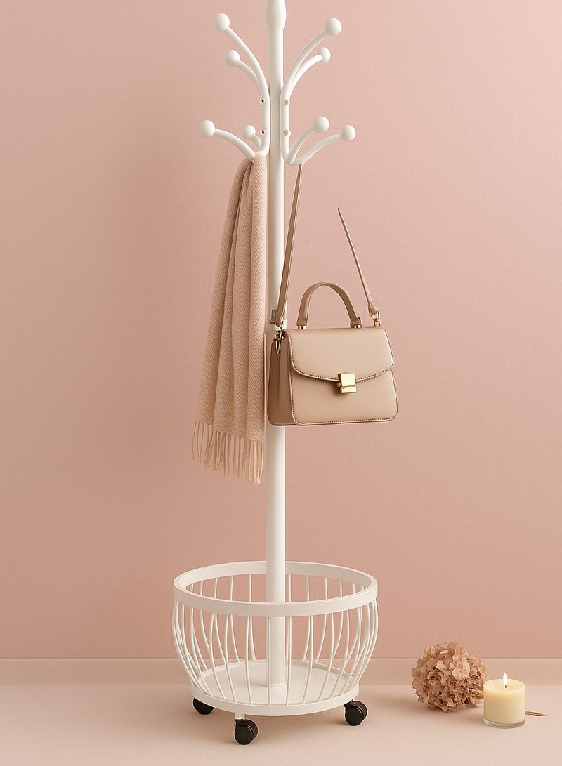 SHEE ONE 2-in-1 Clothes Rack with Smart Hook Distribution by SHEE ONE | Mobile Clothes Hanger with Wheels and Bottom Storage Basket | Elegant Coat Stand with a Circular Modern Design | Multi-Use Abaya Rack for Entryways and Bedrooms | 170×40×40 cm - Image 4