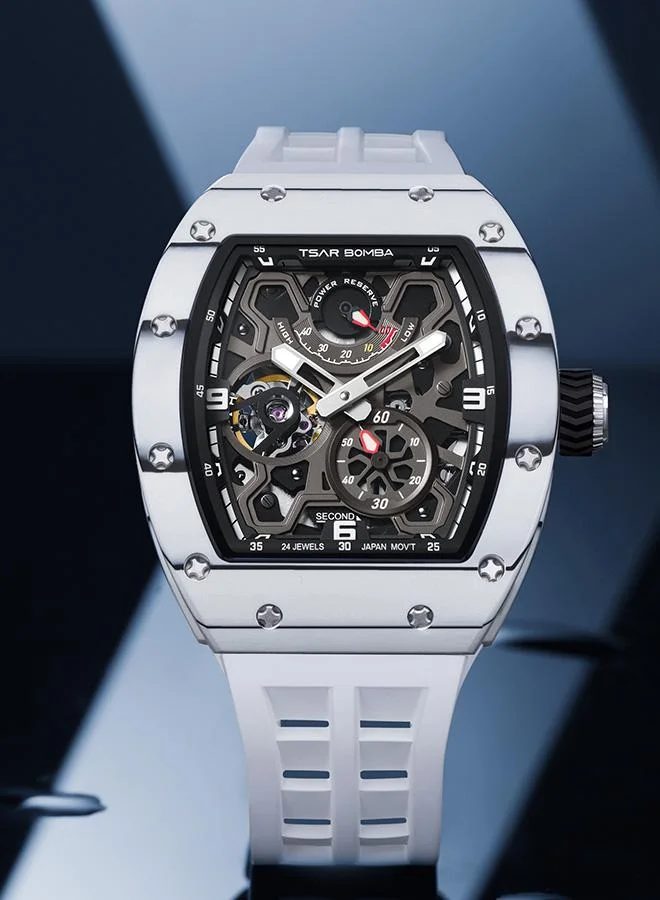 TSAR BOMBA Elemental Series 42.8mm Automatic Men's Watch with White Premium Rubber Strap