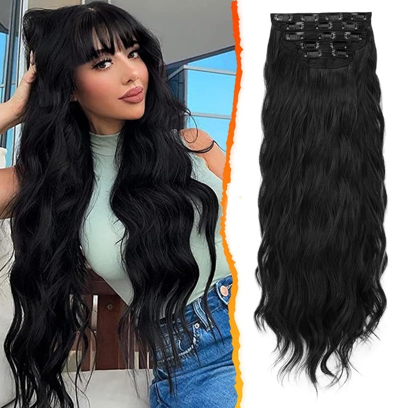 BARSDAR 20 Inch Wavy Clip in Hair Extensions  5PCS Thick Soft Synthetic Hairpieces  Natural Black Full Head Clip in Hair Extensions for Women  Long Voluminous Easy Wear for Daily Party Halloween