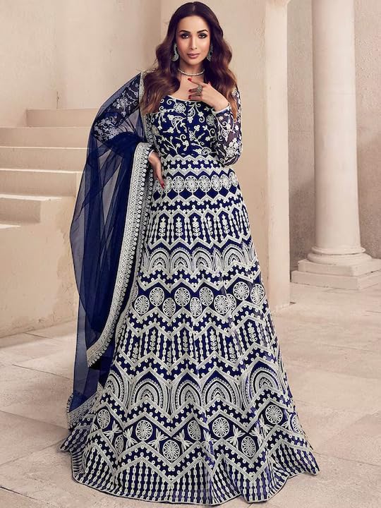PATLANI Women's Naylon Net Embroiered Full Stitched Gown with Dupatta. Dark Blue - Image 5