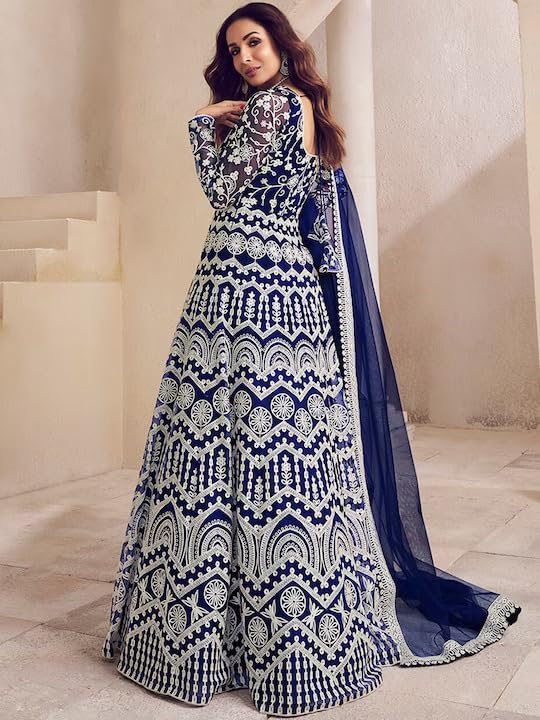 PATLANI Women's Naylon Net Embroiered Full Stitched Gown with Dupatta. Dark Blue - Image 2