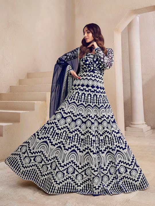 PATLANI Women's Naylon Net Embroiered Full Stitched Gown with Dupatta. Dark Blue - Image 4
